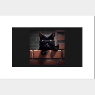 Black Cat with sunglasses sitting on brick wall sticker Posters and Art